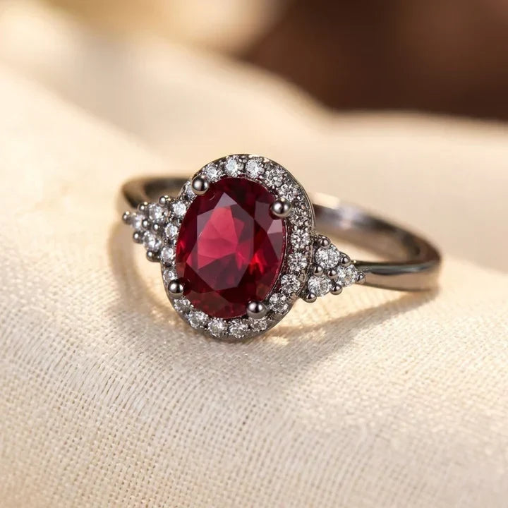 Bague halo en argent et rubis