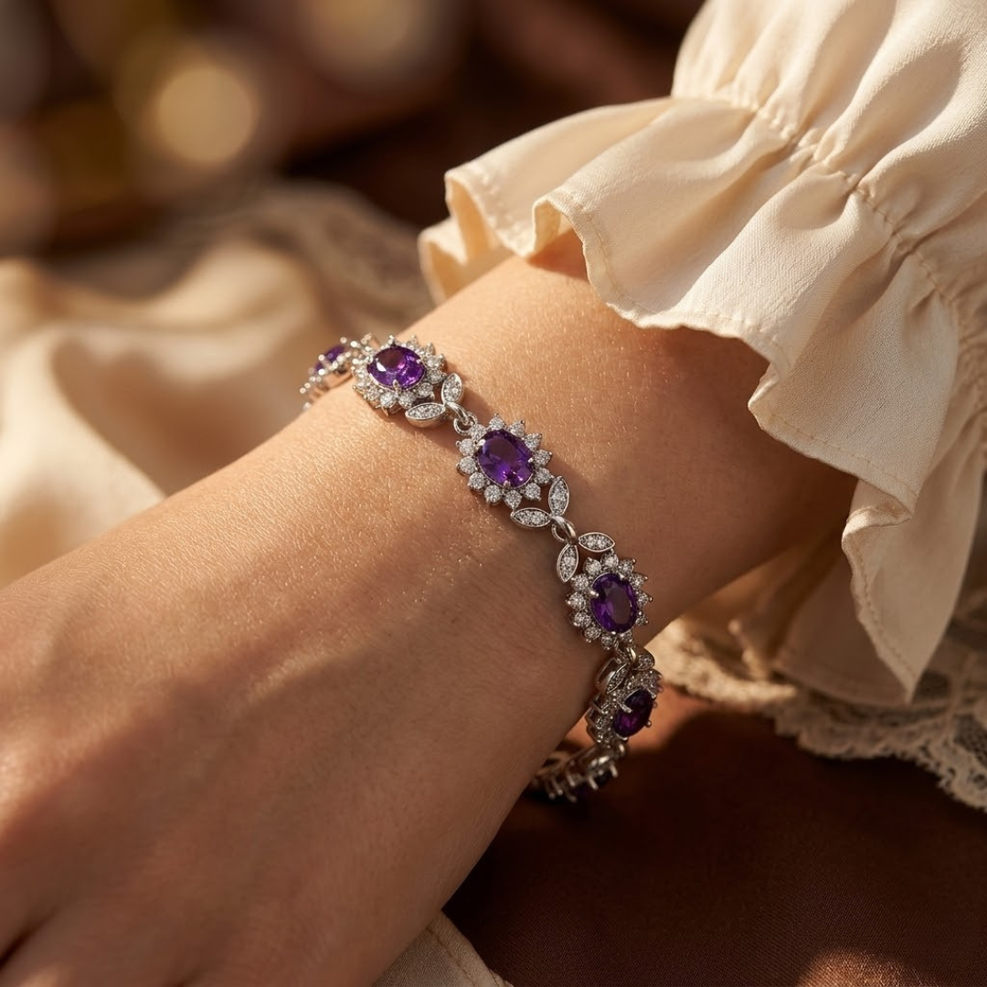 Bracelet floral en argent et améthyste